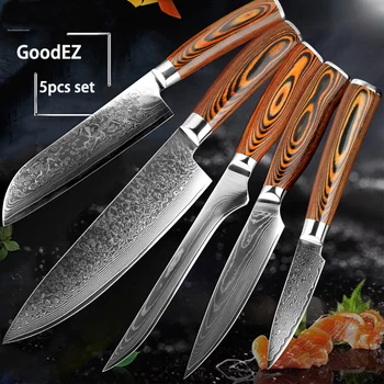 Кухонный тесак GoodEZ Sharp Blade Chef из Дамасской стали VG10 Для нарезки Рыбы, Разделки костей, очистки овощей, Набор ножей Santoku