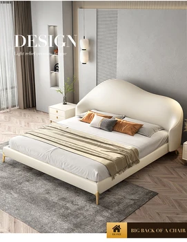Легкая экстравагантность, современная простая кровать cloud, бесшумная кожаная кровать, кремовая итальянская минималистичная двуспальная кровать, кровать из натуральной кожи