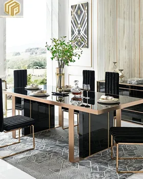 Легкие роскошные обеденные столы и стулья, Простой современный бытовой стол, шесть стульев, прямоугольный обеденный стол из закаленного стекла