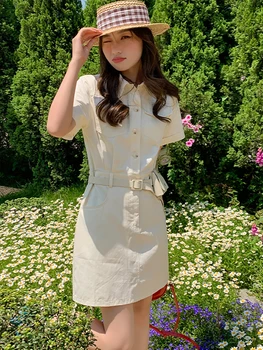 Летнее Белое мини-платье Поло с коротким рукавом и воротником-стойкой, женское модное платье в стиле сафари 2023, новое Корейское элегантное повседневное платье-футляр