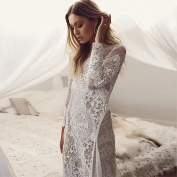 Летнее Женское длинное вечернее платье 2023 года, Винтажное платье длиной до пола с длинным рукавом, Сексуальное Белое кружевное платье Макси с открытой спиной