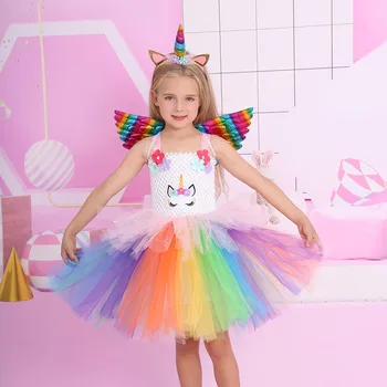 Летнее платье с цветочным рисунком единорога для девочек, праздничный костюм с радужным единорогом, детское платье-пачка на день рождения, карнавальное бальное платье принцессы