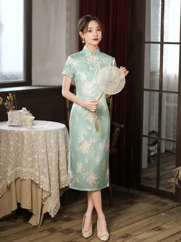 Летнее Традиционное Тонкое Ципао из атласа с коротким рукавом и цветочным принтом, винтажный Китайский Чонсам с воротником-стойкой