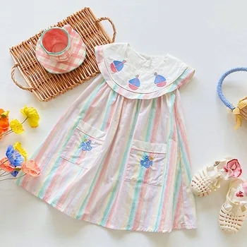 Летние детские платья без рукавов в темно-синем стиле, детское красочное полосатое платье с вышивкой парусника для девочек, модная детская одежда для девочек