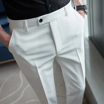 Летние однотонные мужские брюки 2023 года, Приталенные повседневные деловые брюки длиной до щиколоток, уличные брюки для светской жизни, мужская одежда