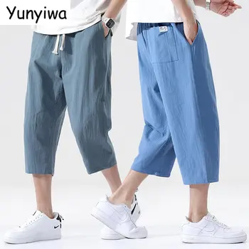 Летние повседневные брюки, мужские свободные льняные брюки из дикого хлопка и льна, трендовые прямые брюки из девяти точек в корейском стиле