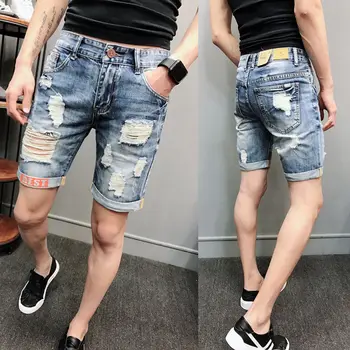 Летние тонкие джинсовые шорты, новый стиль, мужской повседневный тренд, узкие брюки с простыми отверстиями, пятиточечные брюки, мужская короткая джинсовая одежда