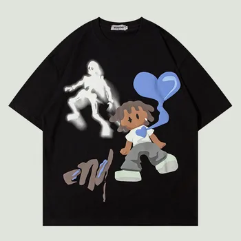 Летние хлопковые футболки Мужские в стиле хип-хоп Harajuku с мультяшным принтом граффити, футболки с коротким рукавом, модная повседневная свободная футболка с круглым вырезом Унисекс