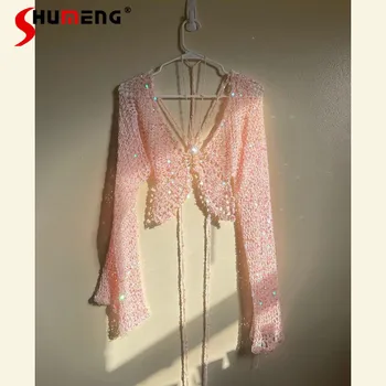 Летний вязаный кардиган с блестками, женская красивая розовая рубашка-шаль, уличная одежда, повседневный топ с длинным рукавом и V-образным вырезом в тон.