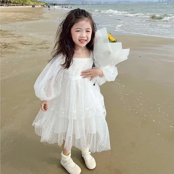 Летняя детская одежда, сетчатое платье принцессы с пышными рукавами, вечерние платья для маленьких девочек в корейском стиле