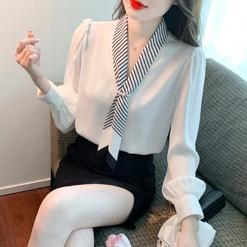 Летняя Корейская модная блузка с V-образным вырезом и длинным рукавом, Новая повседневная одежда, женская рубашка из поплина