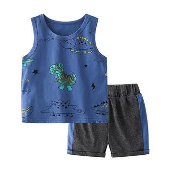 Летняя одежда для маленьких мальчиков без рукавов с мультяшным принтом, 2 шт., Футболка с коротким рукавом + брюки, комплекты одежды