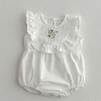 Летняя одежда для маленьких девочек 0-24 м, комбинезон для маленьких девочек, хлопковый комбинезон без рукавов с цветочной вышивкой, комбинезон для новорожденных девочек