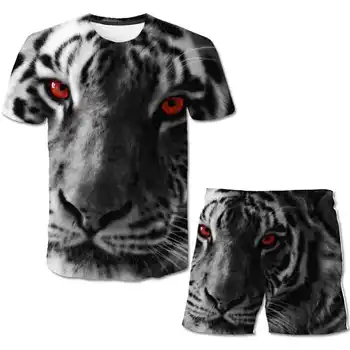 Летняя одежда с тигром для мальчиков и девочек, костюмы из 2 предметов, повседневные футболки + короткие штаны, комплекты для детей от 1 до 14 лет, костюмы с героями мультфильмов