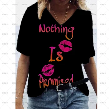 Летняя цветная женская футболка с простым принтом губ, уличный тренд, женский топ с короткими рукавами, повседневная свободная футболка с леопардовым принтом с V-образным вырезом