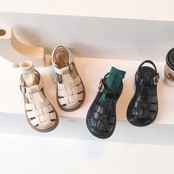 Лето 2023, Новые детские сандалии, обувь для девочек из натуральной кожи на мягкой подошве, Корейская модная тканая Детская пляжная обувь, однотонная расцветка