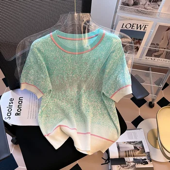 Лето 2023, повседневный свободный вязаный свитер с круглым вырезом и короткими рукавами, женский пуловер с тонкими бриллиантами, трикотажные топы