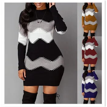 Лидер продаж, Многоцветное мини-платье-свитер с круглым вырезом, Повседневное платье-свитер с длинными рукавами, Приталенное женское платье-свитер в полоску.