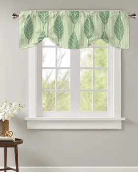 Листья растения В зеленую полоску, занавеска на окно, Кухня, кафе, Короткие занавески, занавеска на завязках в гостиной