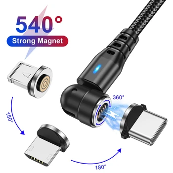 Магнитный кабель 540 оборотов 3A Быстрая зарядка Micro USB Type C Кабель для iPhone Xiaomi Huawei Магнитное зарядное устройство USB-кабель для передачи данных по телефону