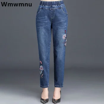 Мамины прямые джинсы с цветочной вышивкой оверсайз 34, джинсовые шаровары с высокой талией, модные Свободные винтажные ковбойские брюки, новинка для женщин