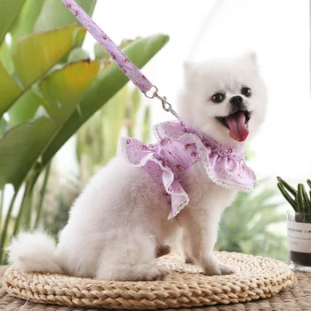 Милая собачья нагрудная шлейка, цветочная кружевная нагрудная шлейка для маленькой собачки, юбка с поводком, одежда для кошки, платье для собаки, платье для милого щенка 2023