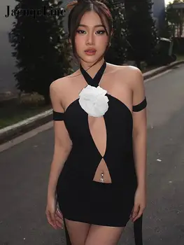 Мини-платье с цветочным узором и перекрестной повязкой, летнее Сексуальное черное облегающее короткое платье без рукавов, женские 2023