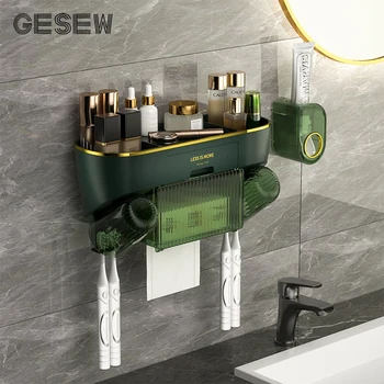 Многофункциональный держатель для зубной щетки GESEW, Автоматический дозатор зубной пасты на 2 чашки с выдвижным ящиком, Вешалка для полотенец, Наборы аксессуаров для ванной комнаты
