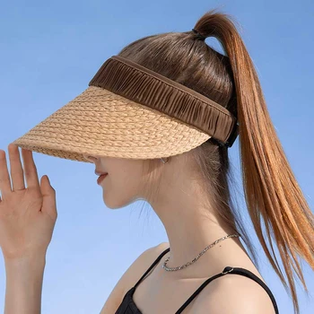 Модная соломенная шляпа со складками для женщин, Цветная блокировка, Мягкая Пустая верхняя крышка, регулируемая Летняя защита от ультрафиолета, женская пляжная шляпа от солнца
