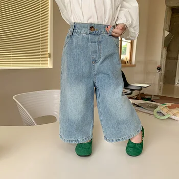 Модные джинсовые брюки с широкими штанинами для девочек, осенние универсальные свободные джинсы для маленьких девочек