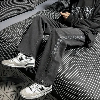 Модные Мужские джинсы-стрейч в корейском стиле, модные Мужские джинсовые брюки высокого качества, прямые широкие повседневные брюки с широкими штанинами C171