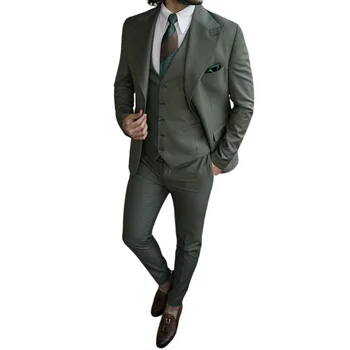 Модные мужские костюмы Зеленый Приталенный Блейзер Из 3 частей, жилет, брюки, Комплект /Свадебная Одежда Для Жениха, Деловая Классическая Мужская Одежда/Повседневное Платье