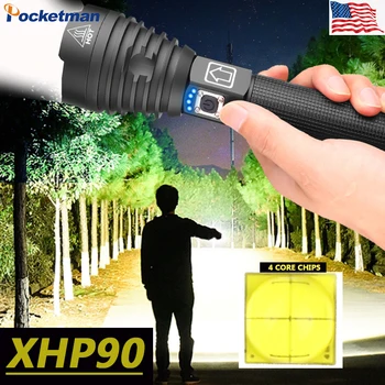 Мощный светодиодный фонарик XHP90 с 26650 Зумом, USB-аккумуляторный дисплей, мощный фонарик 18650, ручной фонарь, прямая поставка