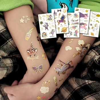 Мультяшные Аниме Наклейки с татуировками для детей, детская Татуировка Золотого цвета, Единорог, перенос Воды, наклейки для рук и лица, водонепроницаемые