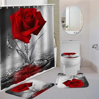 Набор занавесок для душа с цветами розы, нескользящие коврики, коврик для ванной, крышка унитаза и 12 крючков, декор для ванной комнаты из водонепроницаемого полиэстера