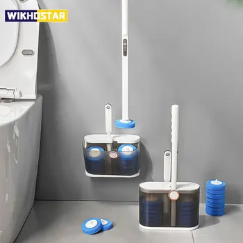 Набор одноразовых держателей туалетных щеток WIKHOSTAR с 12 насадками для туалетных щеток, Настенный ершик для унитаза с чистящей жидкостью, щетки