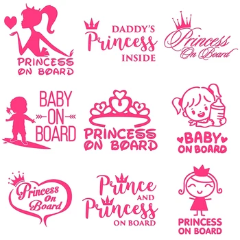 Наклейка для автомобиля с розовой принцессой, малышкой на борту, забавной наклейкой для девочки, виниловой наклейкой на автомобиль, автомобильными наклейками и термоаппликациями