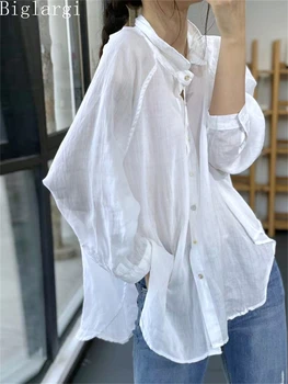 Негабаритная Корейская Новая Шикарная Весенне-летняя Женская Солнцезащитная рубашка Ramie, Женский Кардиган Большого размера, Повседневные Свободные Белые рубашки, топы