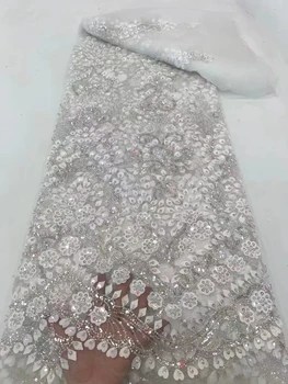 Нигерийская сетчатая кружевная ткань с блестками ручной работы Africa 2022 высококачественное роскошное тюлевое кружево из бисера для пошива свадебных вечерних платьев