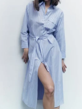 Новинка 2023, Женское длинное платье-рубашка в синюю полоску с поясом, Винтажные весенние повседневные платья с отворотом и карманом