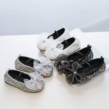 Новые блестящие вечерние туфли для вечеринок, красивые кружевные туфли принцессы с бабочкой и узлом, обувь для выступлений на подиуме, детская школьная обувь F12062