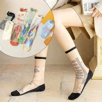 Новые модные женские носки, Летние ультратонкие прозрачные хрустальные шелковые носки, дышащие женские носки из стеклянного шелка с цветочной вышивкой.