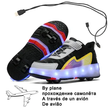 Новые четыре колеса, USB зарядка, модная обувь для девочек и мальчиков, обувь для роликовых коньков со светодиодной подсветкой, детские кроссовки с колесами, четыре колеса