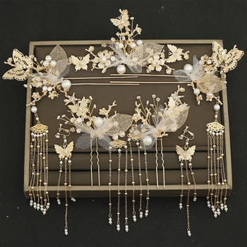 Новый головной убор невесты в китайском стиле ретро с золотыми кисточками, встряхивающими волосами, свадебный головной убор XiuHe hanfu