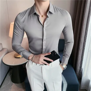 Новый мужской Бутик Модных Высококачественных Рубашек, Однотонная Тонкая Рубашка С длинными рукавами, Социальная Деловая Повседневная Офисная Мужская Одежда