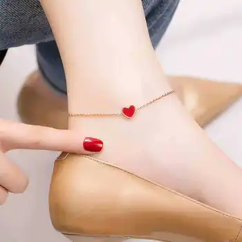 Ножной браслет из титановой стали в стиле Ins с маленьким красным сердечком для женского меньшинства, высококачественное Повседневное Украшение для ног, Сеть популярных аксессуаров