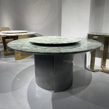 Обеденный стол из натурального мрамора, круглый с поворотным кругом, ресторан villa, обеденный стол для большой семьи, обеденный стол из изумрудного роскошного камня