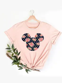 Одежда Disney, женский топ с Микки Маусом из мультфильма, рубашка с коротким рукавом, Модные графические футболки в цветочном стиле, прекрасная летняя футболка