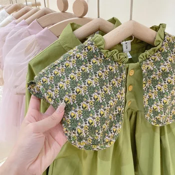 Одежда для девочек 2023, весенне-осенний детский цвет авокадо, зеленый, с цветочным воротником, юбка принцессы, детское платье с отворотом
