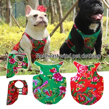 Одежда для домашних собак, кошек, щенков, жилет в этническом стиле, красно-зеленый жилет с цветочным принтом, пальто, одежда для чихуахуа, летняя футболка с модным принтом